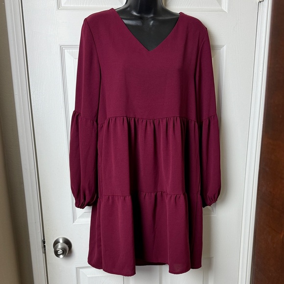 Dresses & Skirts - V-Neck Long Sleeve Tiered Dress in Deep Berry